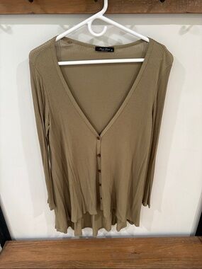 Final Touch Olive Ribbed V-Neck Button-Front Top